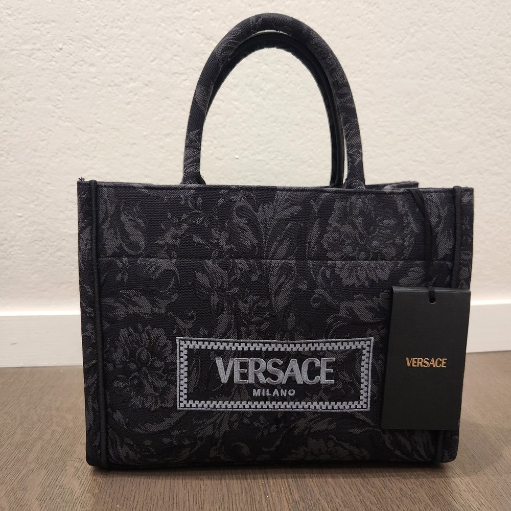New Versace Small Tote Embroidery Jacquard Barocco Black Bag 1011564 $1595 Purse